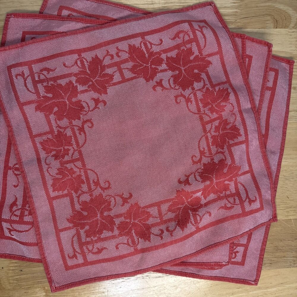 Vintage Damask Napkins Set Of 6 Coral Red White Ivy Luncheon 12”x12” - Picture 9 of 10